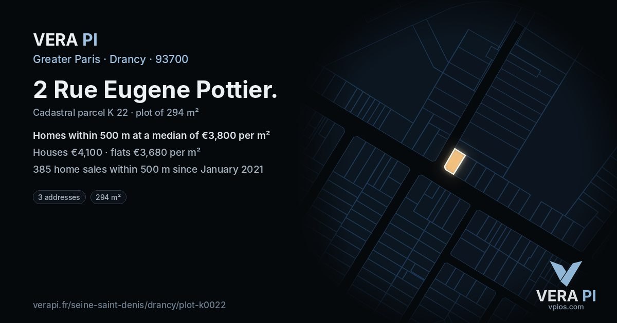 2 Rue Eugene Pottier, Drancy at night – the plot lit, the parcels around coloured by the prices near them