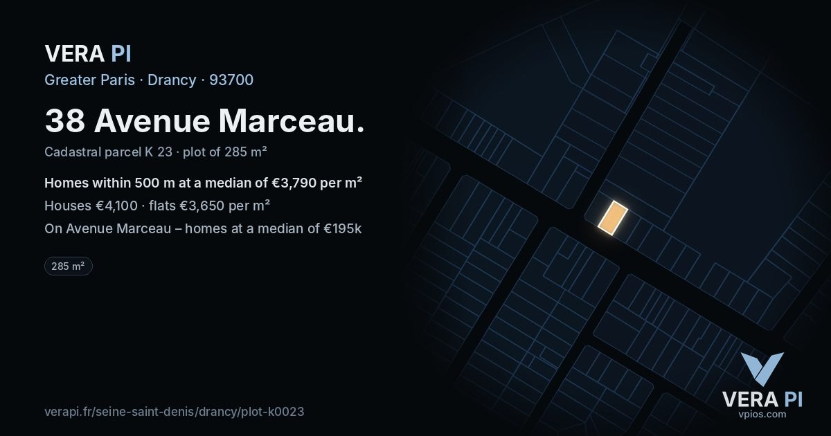 38 Avenue Marceau, Drancy at night – the plot lit, the parcels around coloured by the prices near them