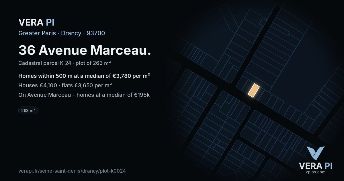 36 Avenue Marceau, Drancy at night – the plot lit, the parcels around coloured by the prices near them