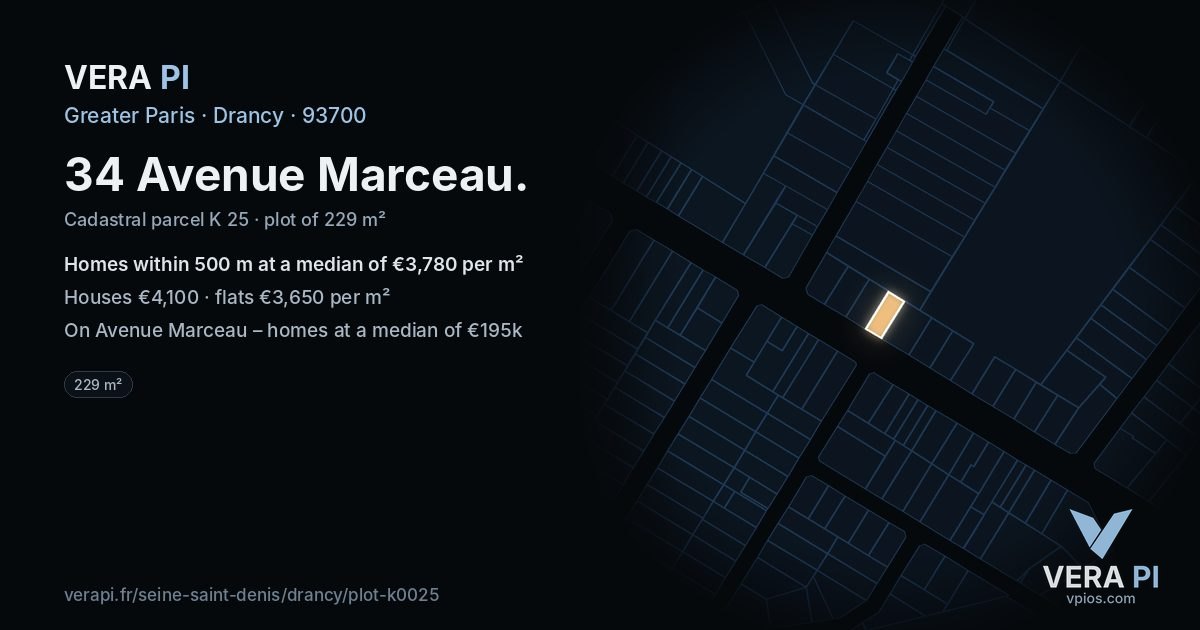 34 Avenue Marceau, Drancy at night – the plot lit, the parcels around coloured by the prices near them