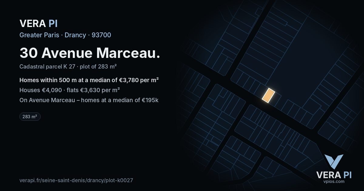30 Avenue Marceau, Drancy at night – the plot lit, the parcels around coloured by the prices near them
