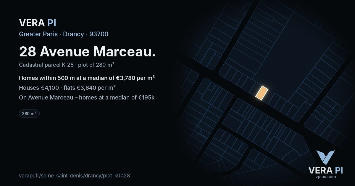 28 Avenue Marceau, Drancy at night – the plot lit, the parcels around coloured by the prices near them