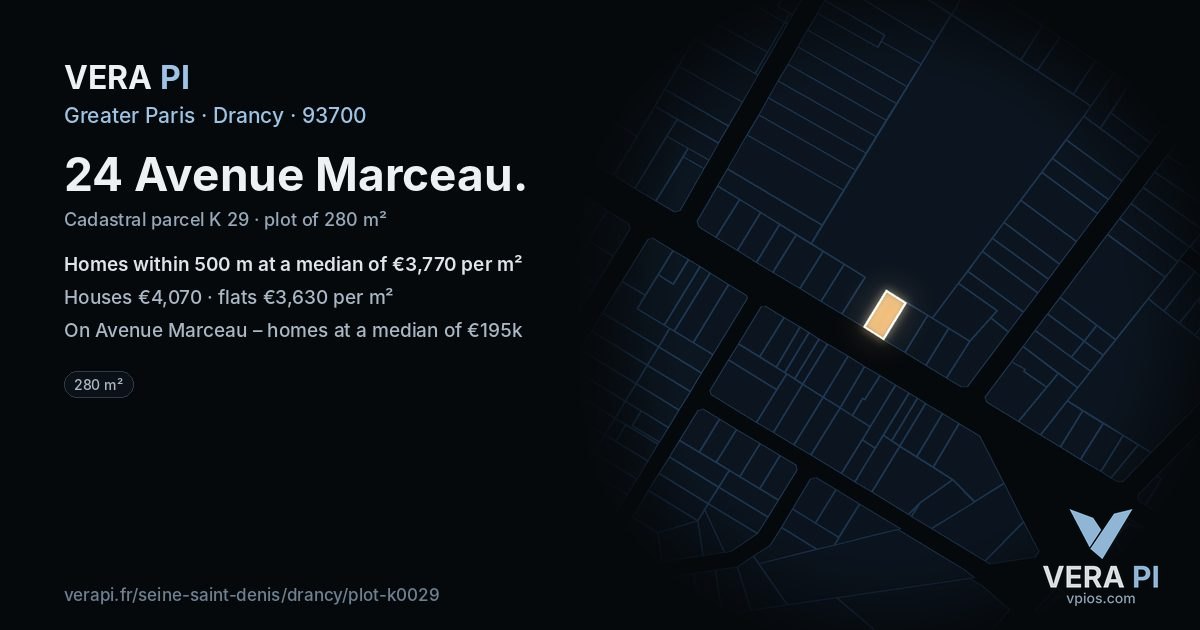 24 Avenue Marceau, Drancy at night – the plot lit, the parcels around coloured by the prices near them