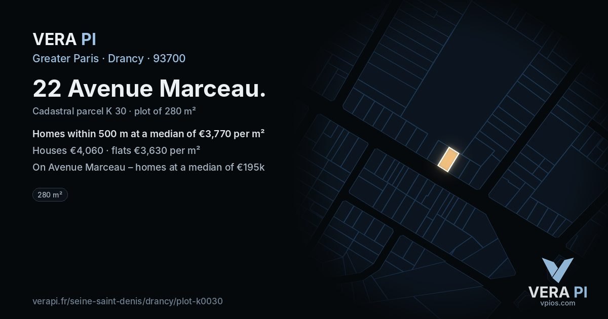 22 Avenue Marceau, Drancy at night – the plot lit, the parcels around coloured by the prices near them
