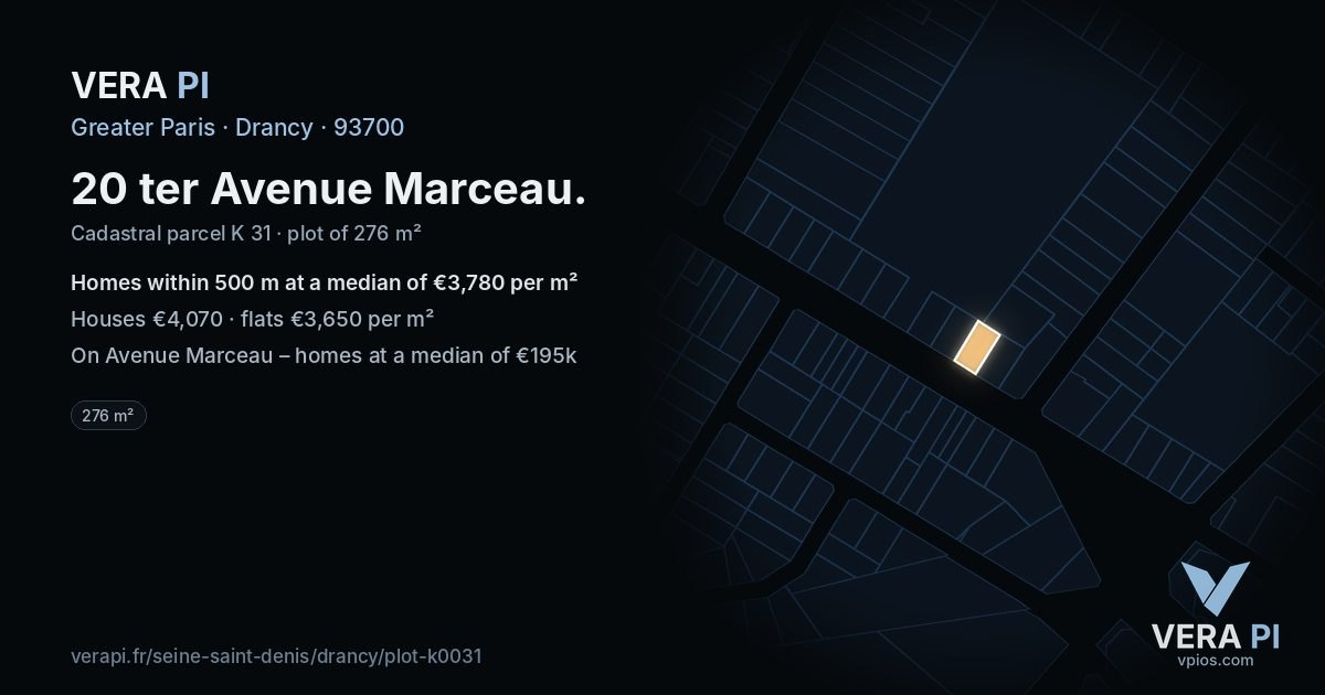 20 ter Avenue Marceau, Drancy at night – the plot lit, the parcels around coloured by the prices near them