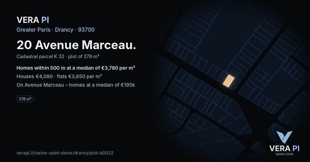 20 Avenue Marceau, Drancy at night – the plot lit, the parcels around coloured by the prices near them