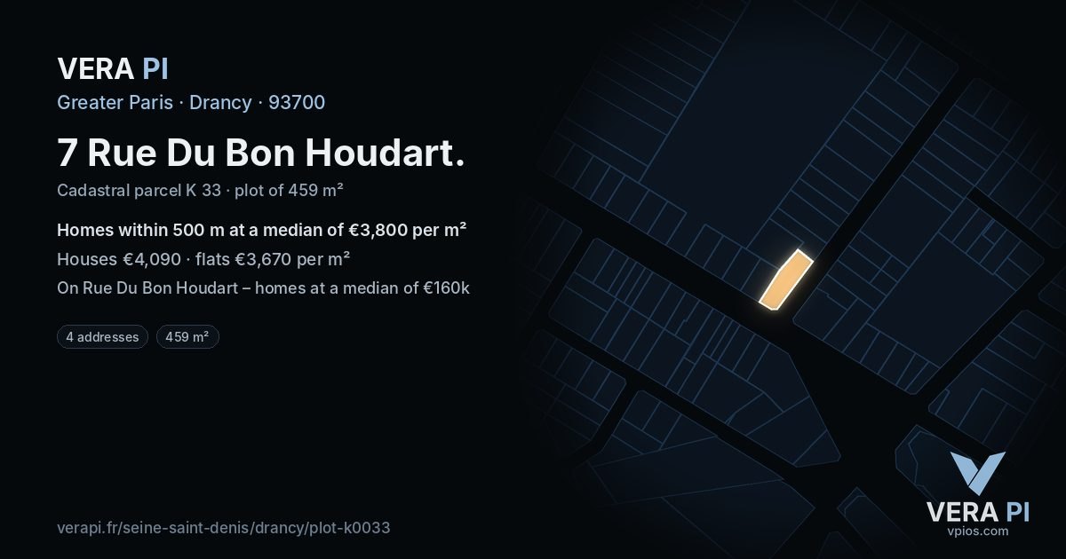 7 Rue Du Bon Houdart, Drancy at night – the plot lit, the parcels around coloured by the prices near them