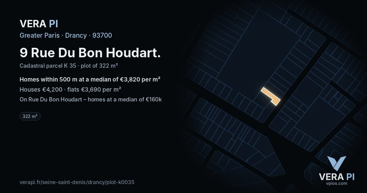 9 Rue Du Bon Houdart, Drancy at night – the plot lit, the parcels around coloured by the prices near them