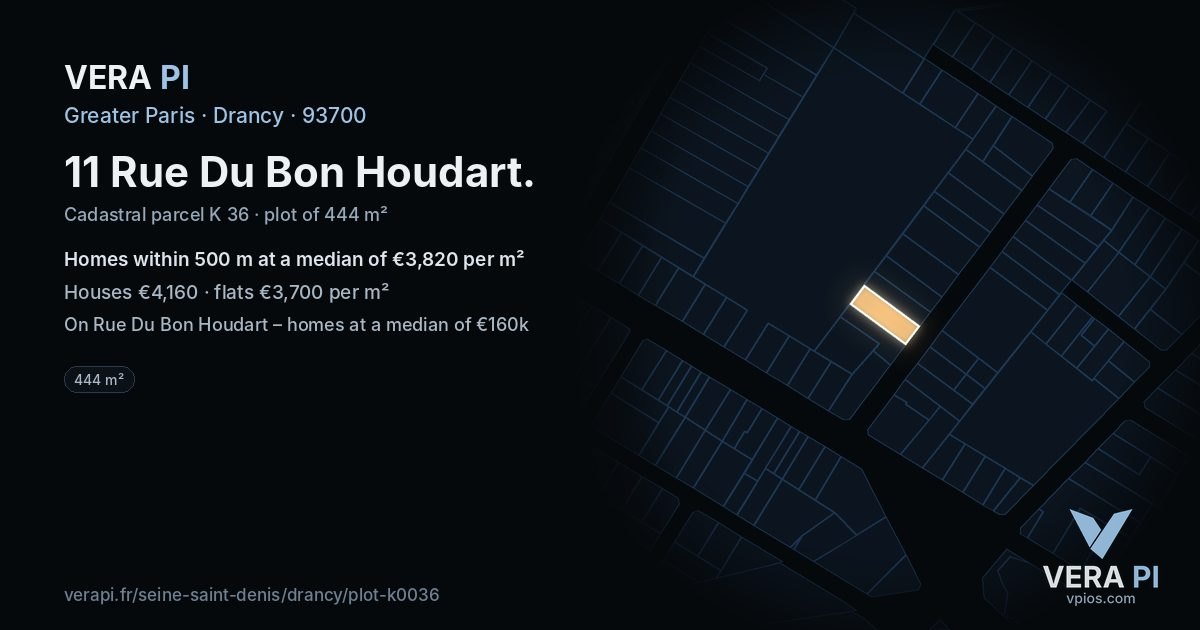 11 Rue Du Bon Houdart, Drancy at night – the plot lit, the parcels around coloured by the prices near them