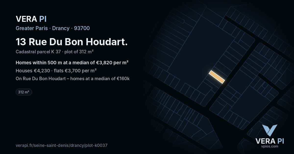 13 Rue Du Bon Houdart, Drancy at night – the plot lit, the parcels around coloured by the prices near them