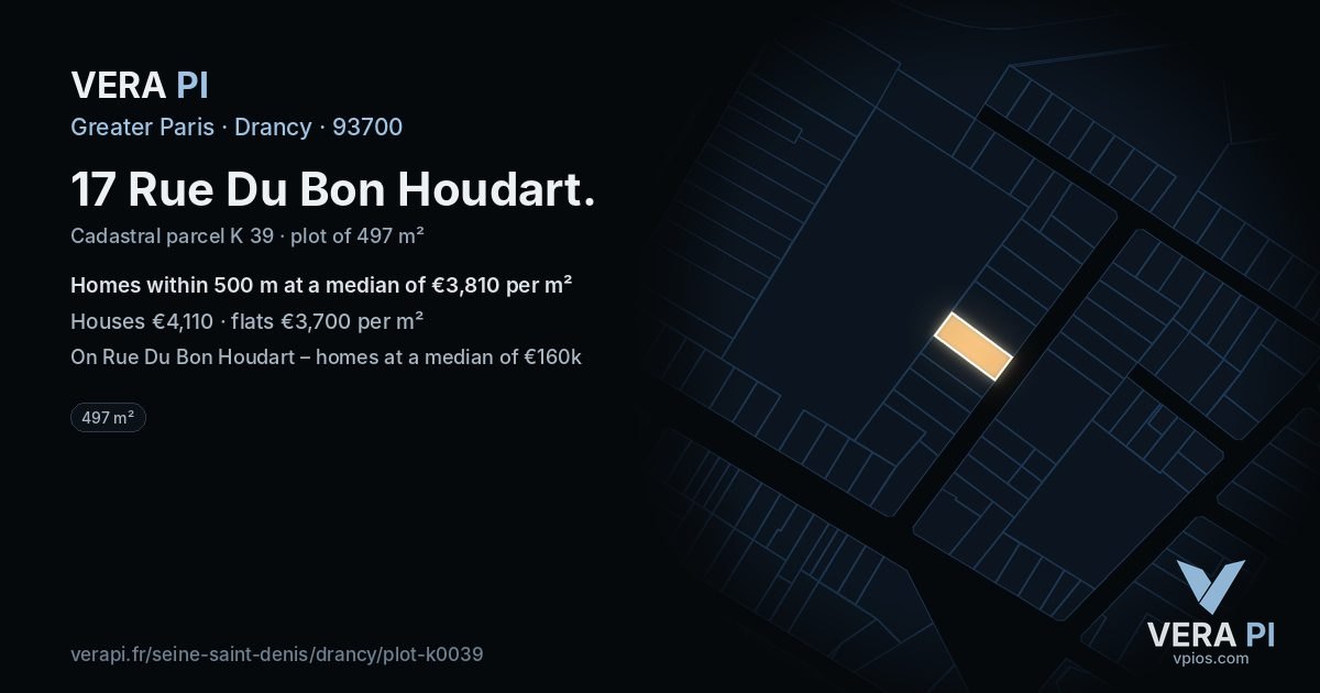 17 Rue Du Bon Houdart, Drancy at night – the plot lit, the parcels around coloured by the prices near them