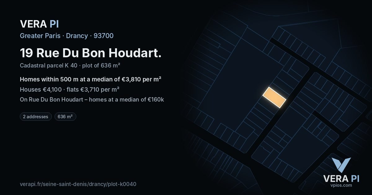 19 Rue Du Bon Houdart, Drancy at night – the plot lit, the parcels around coloured by the prices near them