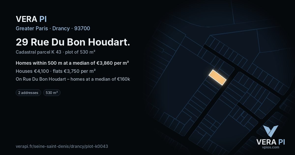 29 Rue Du Bon Houdart, Drancy at night – the plot lit, the parcels around coloured by the prices near them