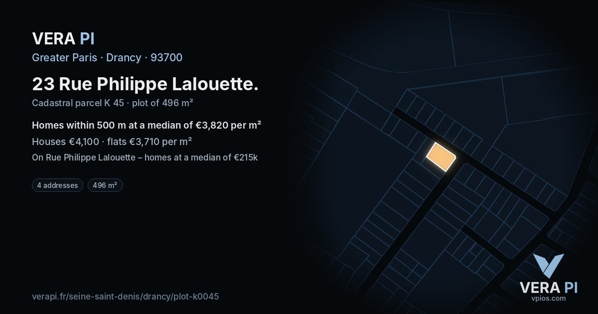 23 Rue Philippe Lalouette, Drancy at night – the plot lit, the parcels around coloured by the prices near them