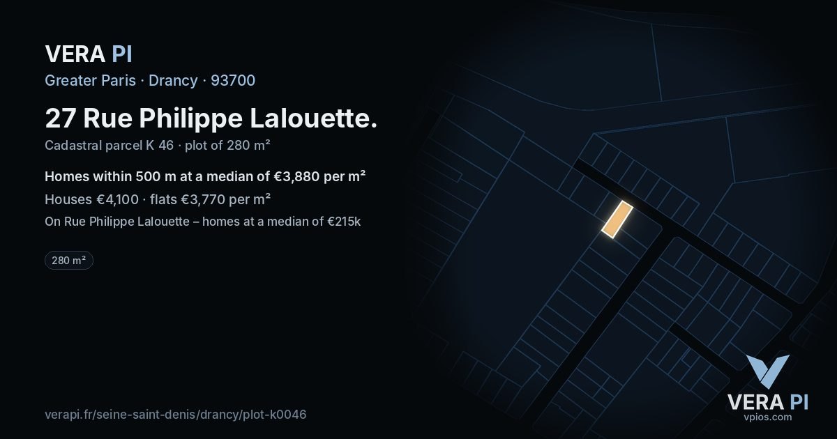 27 Rue Philippe Lalouette, Drancy at night – the plot lit, the parcels around coloured by the prices near them
