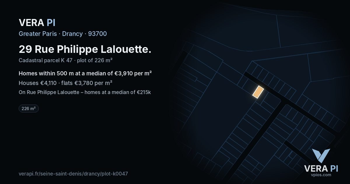 29 Rue Philippe Lalouette, Drancy at night – the plot lit, the parcels around coloured by the prices near them