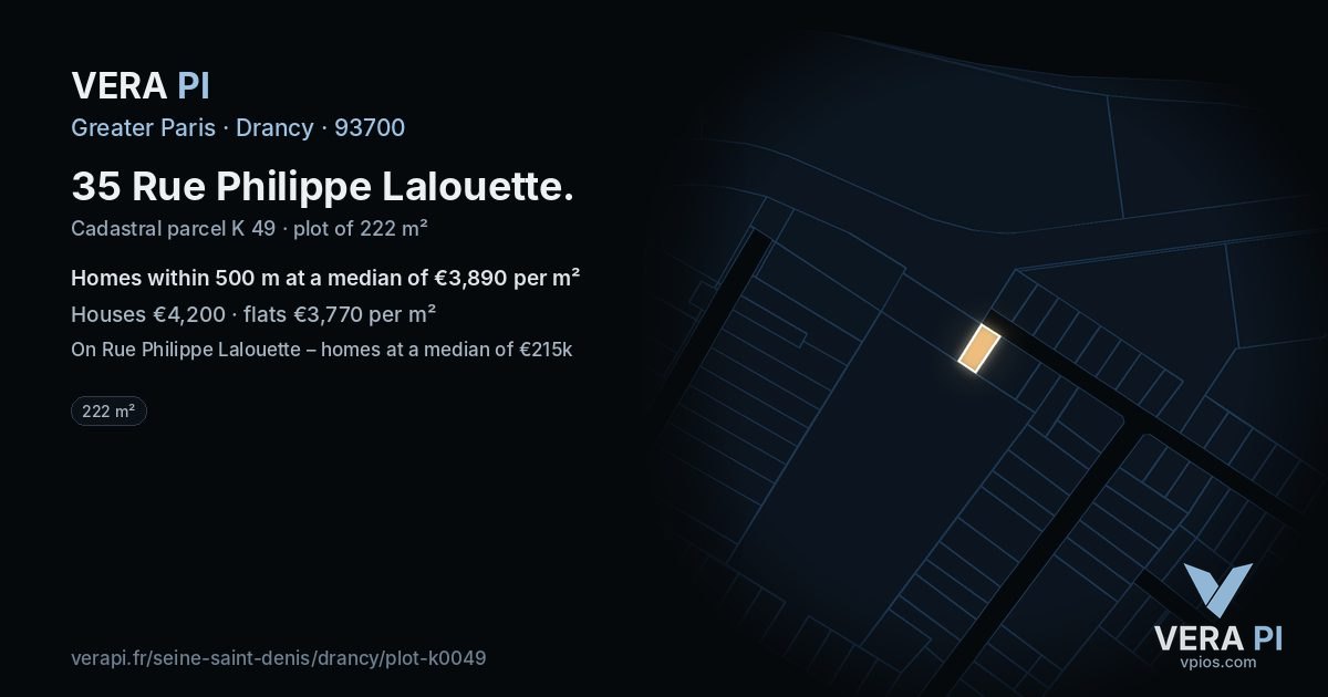 35 Rue Philippe Lalouette, Drancy at night – the plot lit, the parcels around coloured by the prices near them