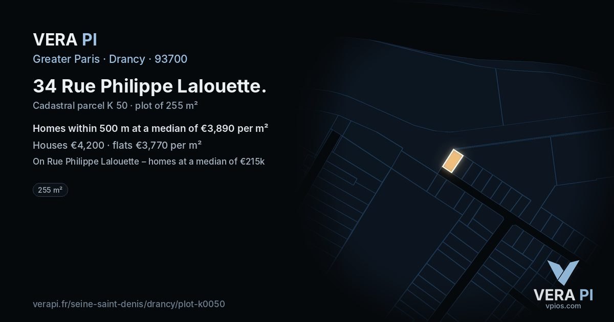 34 Rue Philippe Lalouette, Drancy at night – the plot lit, the parcels around coloured by the prices near them