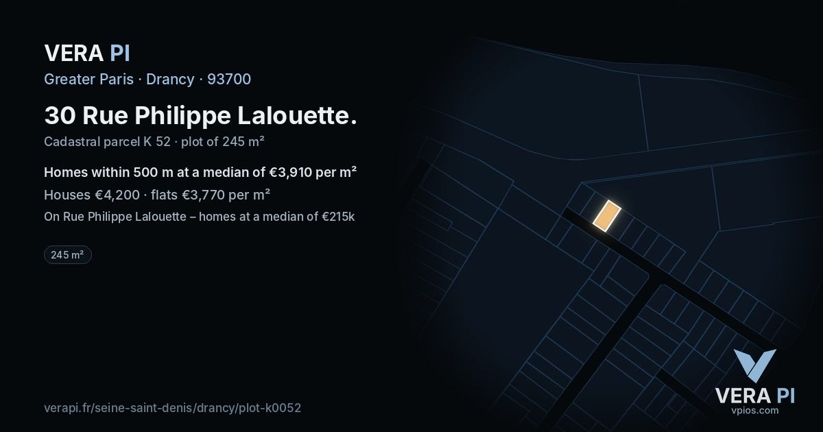 30 Rue Philippe Lalouette, Drancy at night – the plot lit, the parcels around coloured by the prices near them