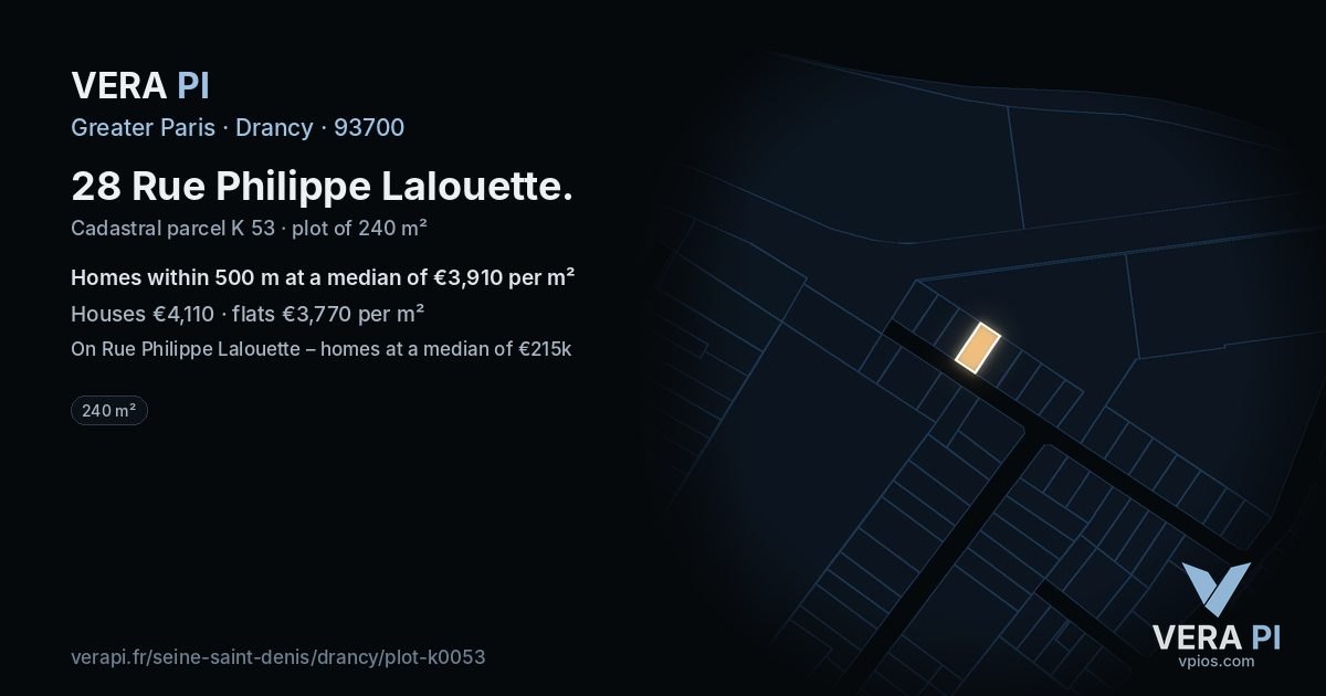 28 Rue Philippe Lalouette, Drancy at night – the plot lit, the parcels around coloured by the prices near them