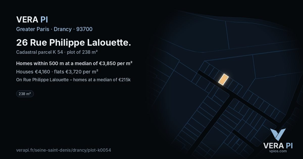 26 Rue Philippe Lalouette, Drancy at night – the plot lit, the parcels around coloured by the prices near them