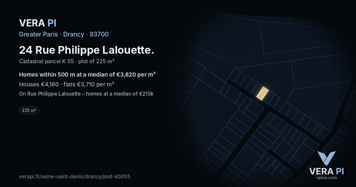 24 Rue Philippe Lalouette, Drancy at night – the plot lit, the parcels around coloured by the prices near them