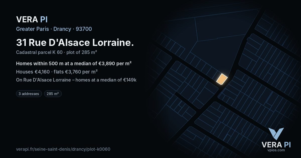 31 Rue D'Alsace Lorraine, Drancy at night – the plot lit, the parcels around coloured by the prices near them