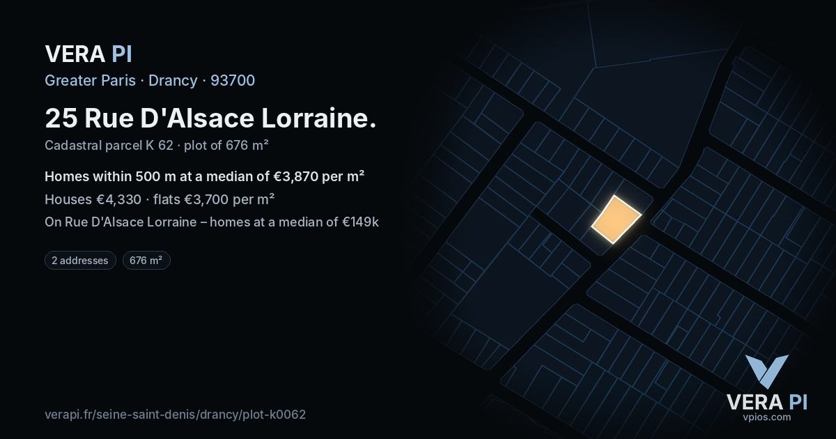 25 Rue D'Alsace Lorraine, Drancy at night – the plot lit, the parcels around coloured by the prices near them
