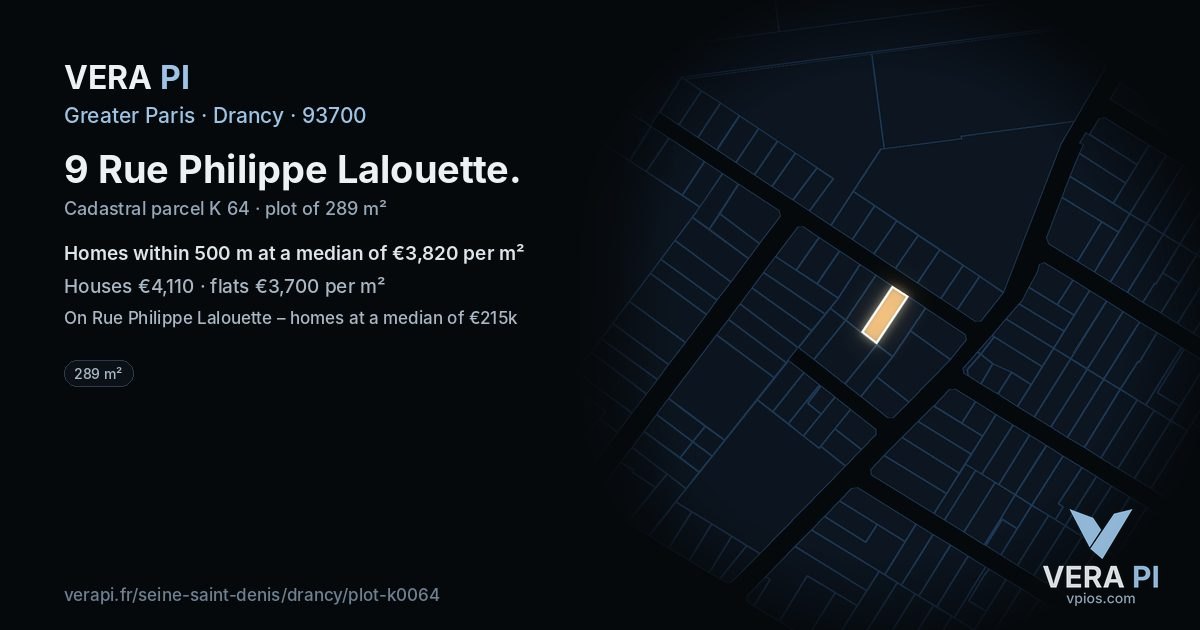 9 Rue Philippe Lalouette, Drancy at night – the plot lit, the parcels around coloured by the prices near them