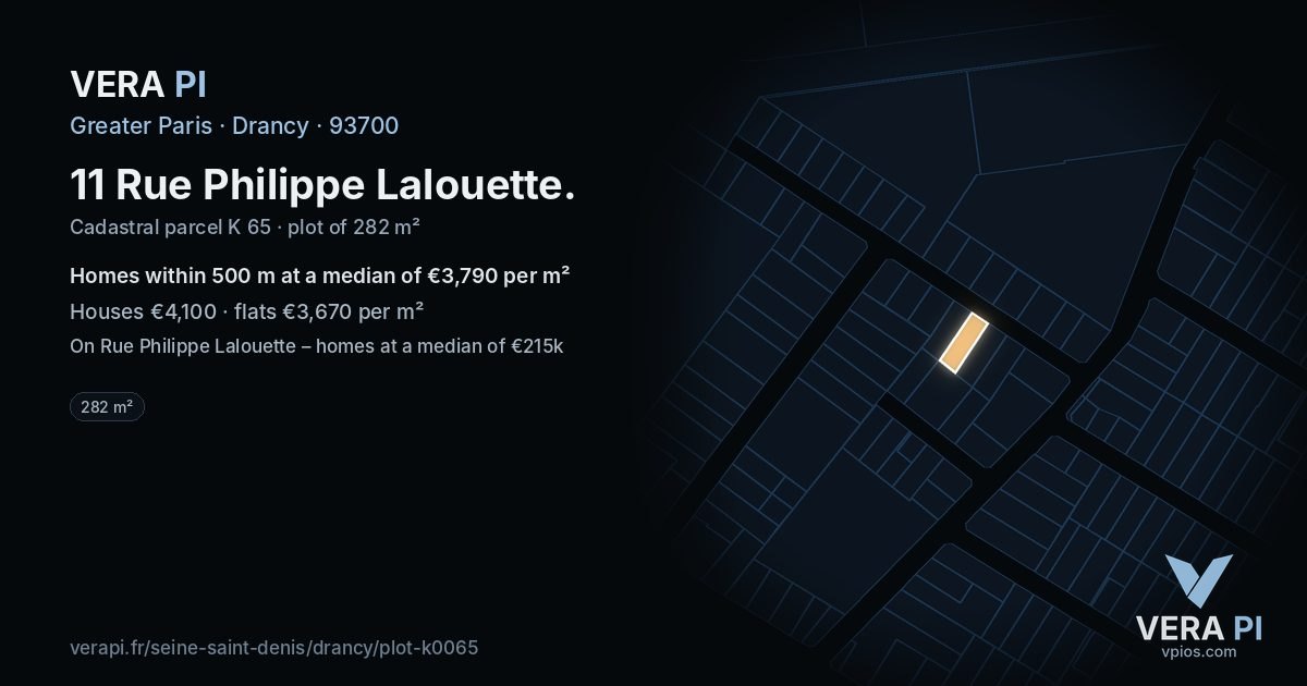11 Rue Philippe Lalouette, Drancy at night – the plot lit, the parcels around coloured by the prices near them