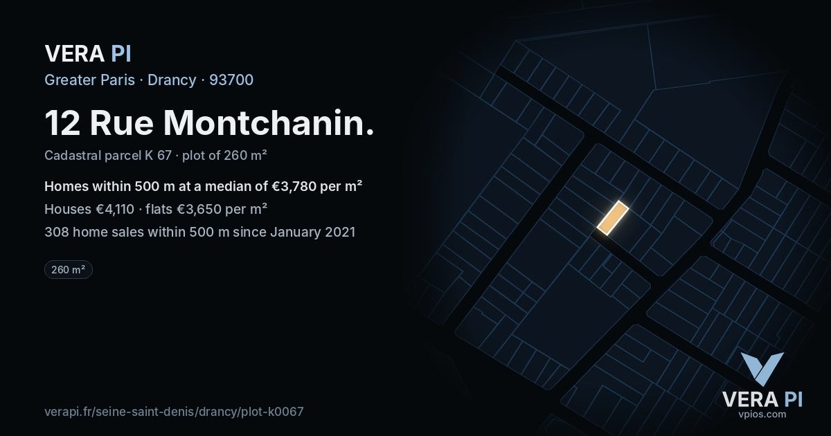 12 Rue Montchanin, Drancy at night – the plot lit, the parcels around coloured by the prices near them