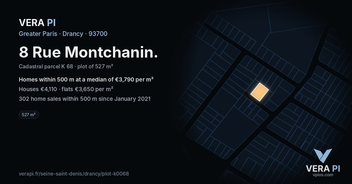 8 Rue Montchanin, Drancy at night – the plot lit, the parcels around coloured by the prices near them