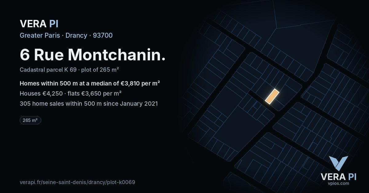 6 Rue Montchanin, Drancy at night – the plot lit, the parcels around coloured by the prices near them