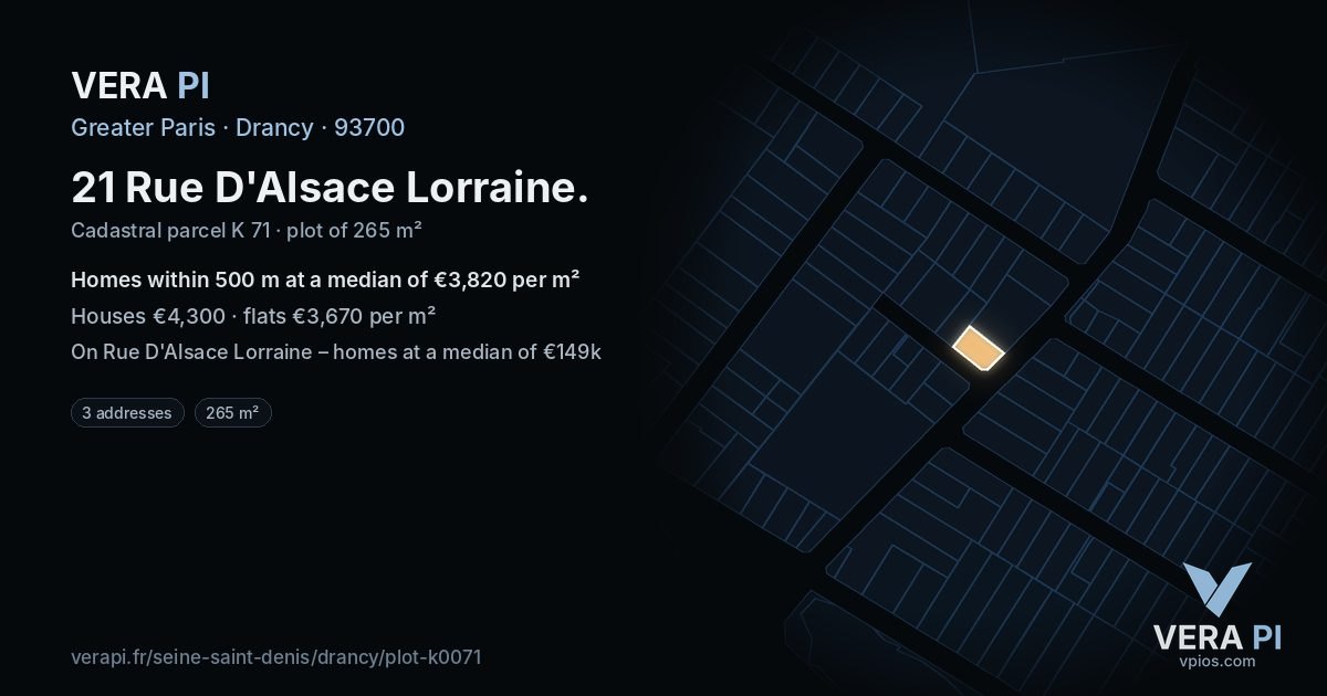 21 Rue D'Alsace Lorraine, Drancy at night – the plot lit, the parcels around coloured by the prices near them