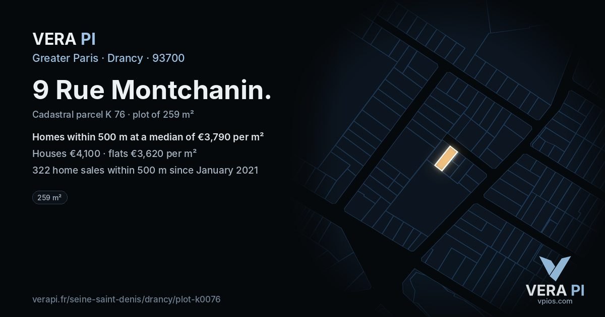 9 Rue Montchanin, Drancy at night – the plot lit, the parcels around coloured by the prices near them