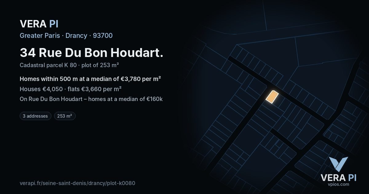 34 Rue Du Bon Houdart, Drancy at night – the plot lit, the parcels around coloured by the prices near them