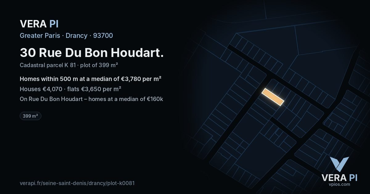 30 Rue Du Bon Houdart, Drancy at night – the plot lit, the parcels around coloured by the prices near them