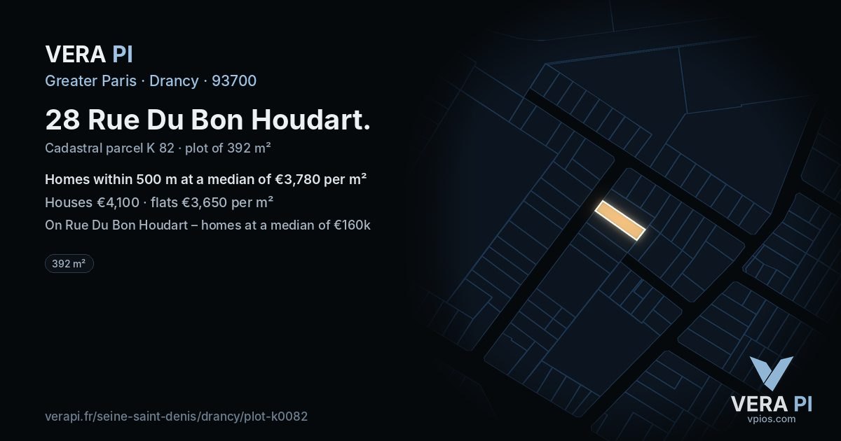 28 Rue Du Bon Houdart, Drancy at night – the plot lit, the parcels around coloured by the prices near them