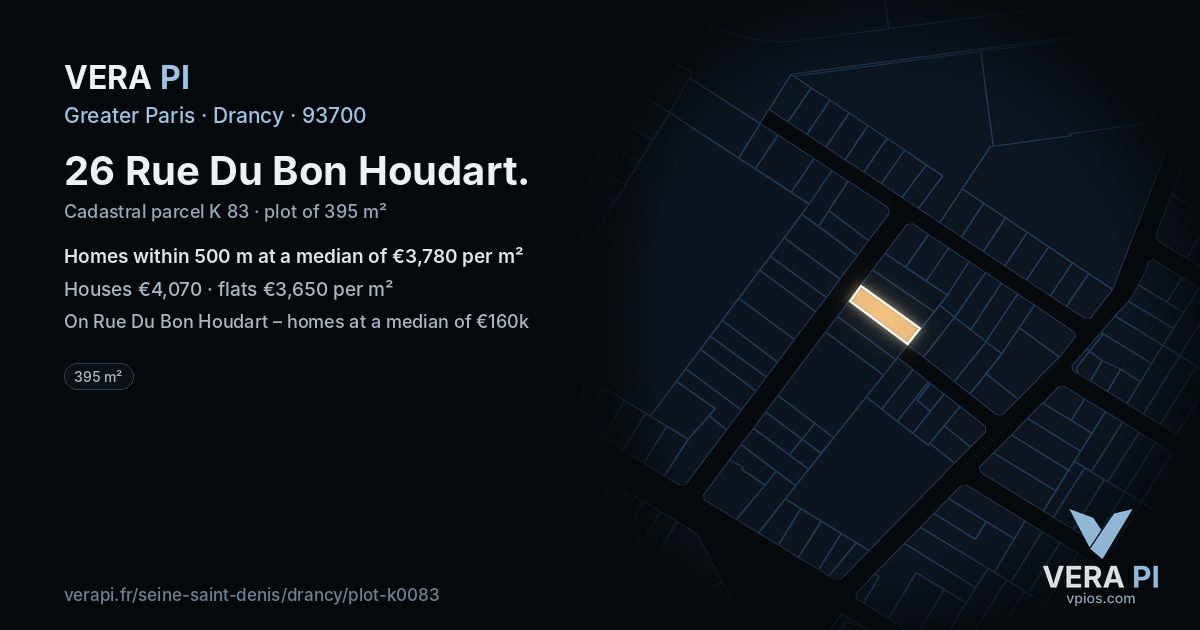 26 Rue Du Bon Houdart, Drancy at night – the plot lit, the parcels around coloured by the prices near them