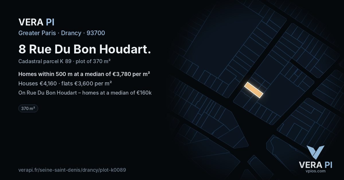 8 Rue Du Bon Houdart, Drancy at night – the plot lit, the parcels around coloured by the prices near them