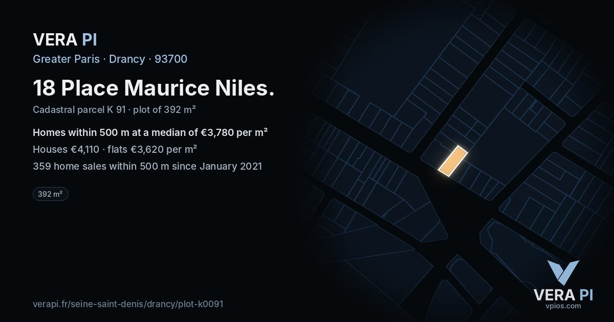 18 Place Maurice Niles, Drancy at night – the plot lit, the parcels around coloured by the prices near them