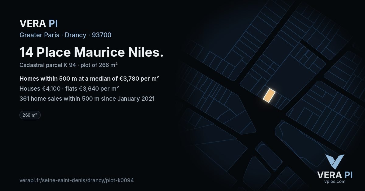 14 Place Maurice Niles, Drancy at night – the plot lit, the parcels around coloured by the prices near them