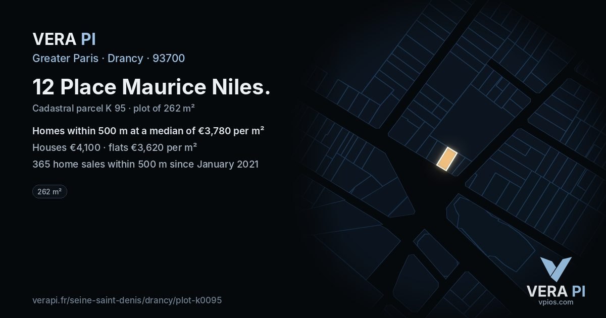 12 Place Maurice Niles, Drancy at night – the plot lit, the parcels around coloured by the prices near them