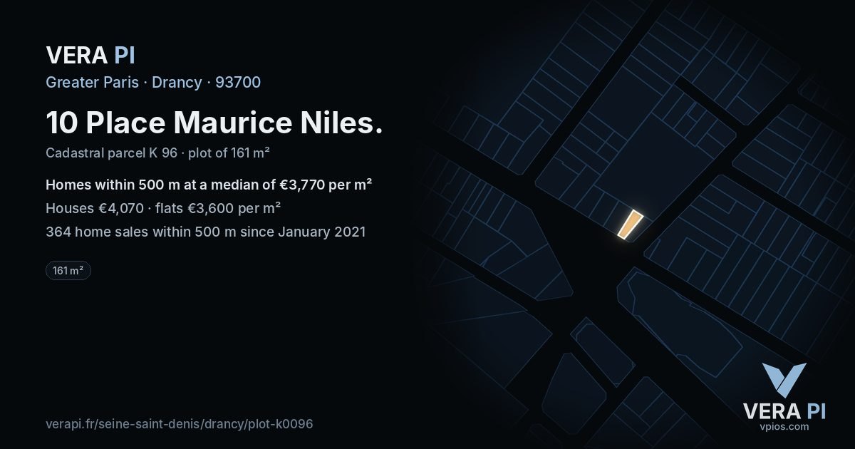 10 Place Maurice Niles, Drancy at night – the plot lit, the parcels around coloured by the prices near them
