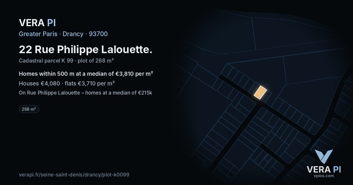 22 Rue Philippe Lalouette, Drancy at night – the plot lit, the parcels around coloured by the prices near them
