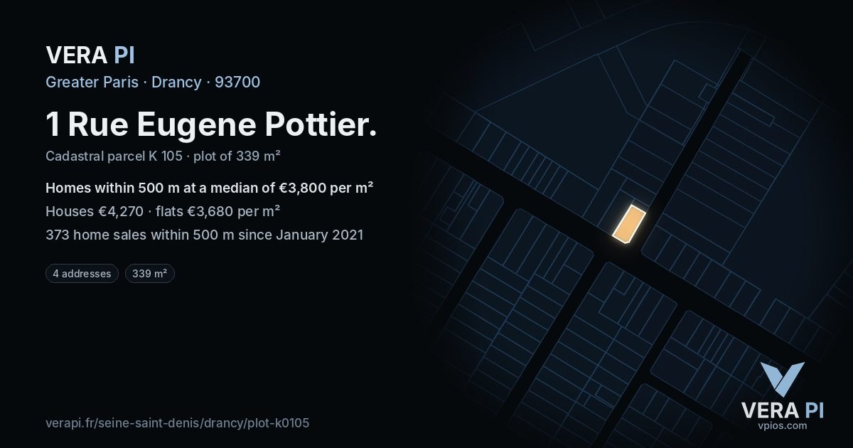 1 Rue Eugene Pottier, Drancy at night – the plot lit, the parcels around coloured by the prices near them