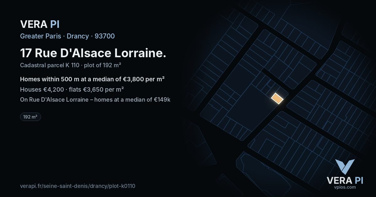 17 Rue D'Alsace Lorraine, Drancy at night – the plot lit, the parcels around coloured by the prices near them