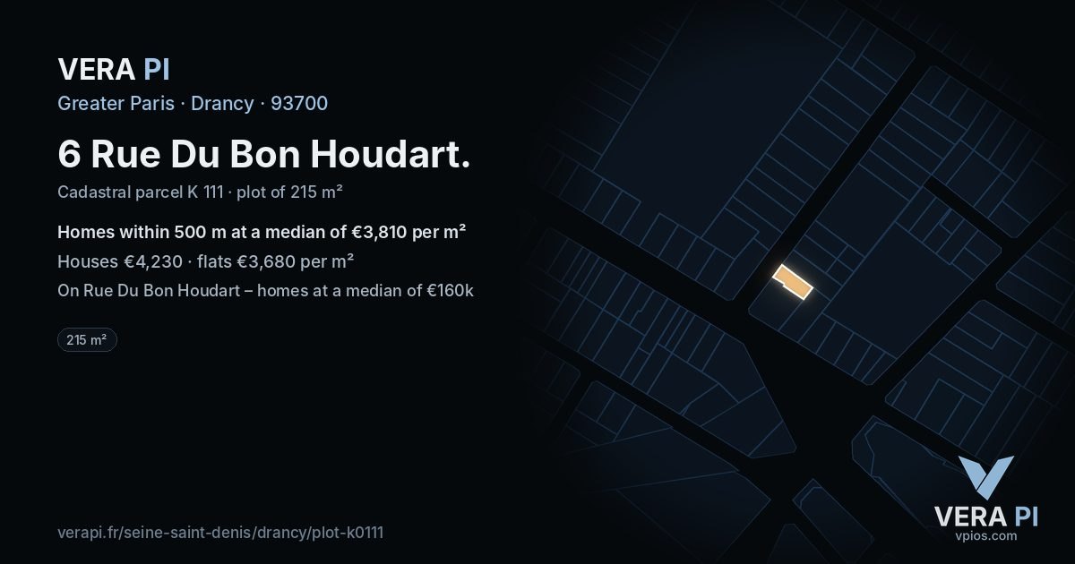 6 Rue Du Bon Houdart, Drancy at night – the plot lit, the parcels around coloured by the prices near them