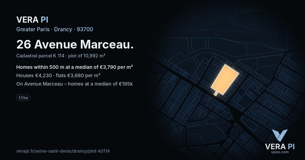 26 Avenue Marceau, Drancy at night – the plot lit, the parcels around coloured by the prices near them