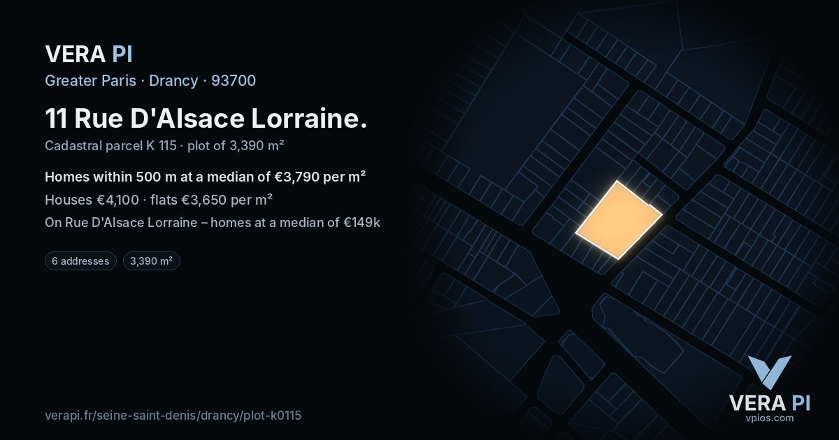 11 Rue D'Alsace Lorraine, Drancy at night – the plot lit, the parcels around coloured by the prices near them